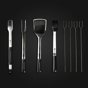 The HexClad BBQ Tool Set, 8pc, against a black background.