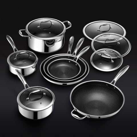 HexClad 10 Piece Hybrid Stainless Steel Cookware Set - 6 Piece Pot Set, 14  Inch Wok, 14 Inch Frying Pan with Lid, Stay Cool Handles, Dishwasher Safe