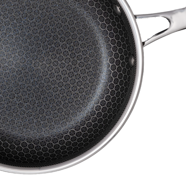 A HexClad hybrid frying pan shown from above.