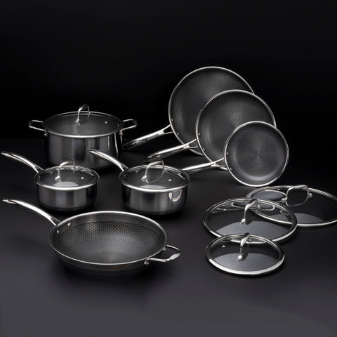 HexClad 12 Piece Hybrid Stainless Steel Cookware Set - 6 Piece Frying Pan  Set and 6 Piece Pot Set with Lids, Stay Cool Handles, Dishwasher Safe