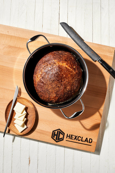 sourdough bread on beechwood cutting board
