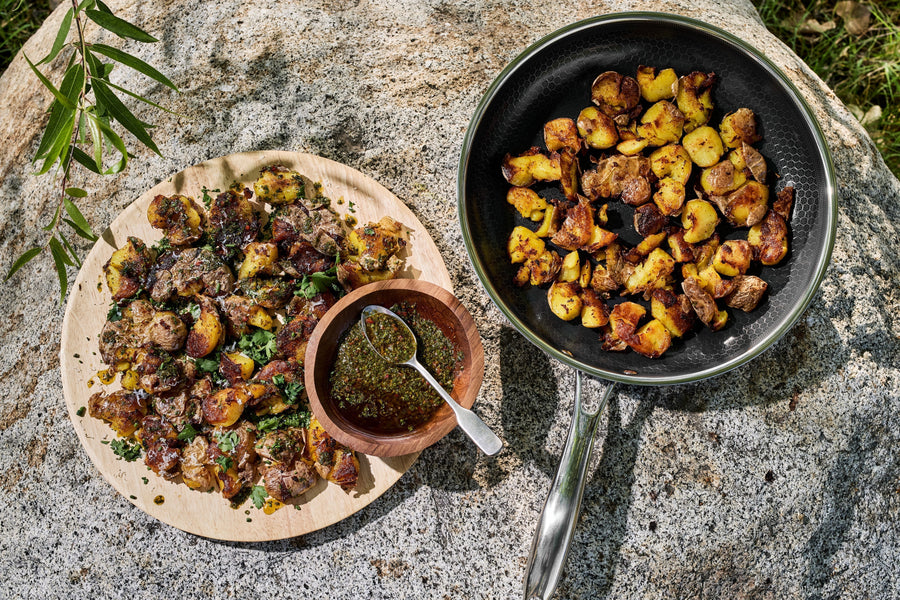 Krokante geplette aardappelen met chermoula