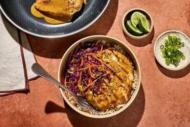 Spicy Peanut Chicken & Rice Bowl with Crunchy Slaw
