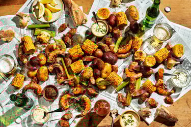 Cajun Shrimp Boil on Newspaper