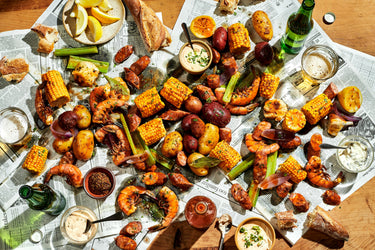 Cajun Shrimp Boil on Newspaper