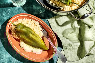 Chiles Rellenos over Fluffy White Rice