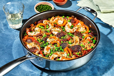 Couscous “Paella” With Shrimp Peppers And Sausage in a HexClad 4.5 Deep Saute Pan