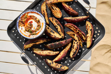 Grilled Japanese Sweet Potatoes with Chile-Scallion Labneh