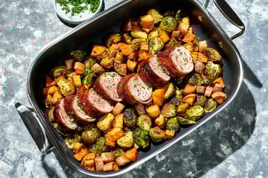 Bourbon-Glazed, Smoky Bacon-Wrapped Pork Tenderloin in a Hybrid Small Roasting Pan