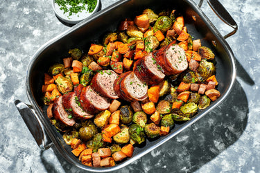 Bourbon-Glazed, Smoky Bacon-Wrapped Pork Tenderloin in a Hybrid Small Roasting Pan