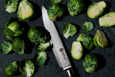 HexClad Utility Knife in a bed of Brussels Sprouts