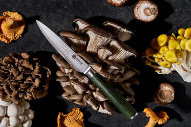 HexClad Utility Knife in a bed of Mushrooms