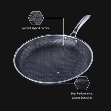 Highlighting the nonstick, hyrid, high performance surface of the HexClad 12' frying pan