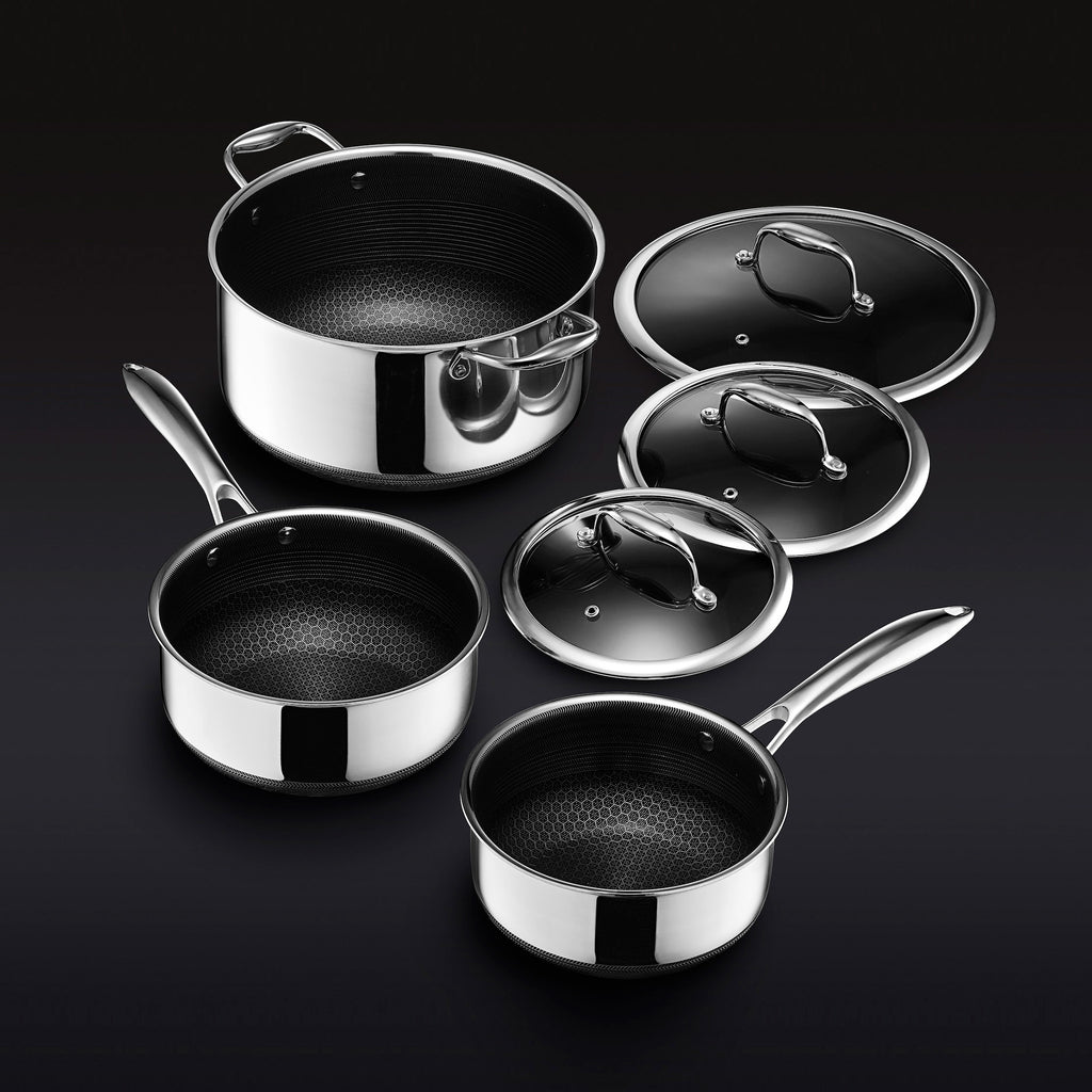 HexClad 6 Piece Hybrid Stainless Steel Cookware Pan Set 8 inch, 10 inch, 12 inch with Glass Lids, Size: One size, Black