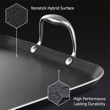 A closeup of the handle of HexClad's Hybrid Double Burner Griddle, including a labeled feature of the pan's nonstick, high performance surface.