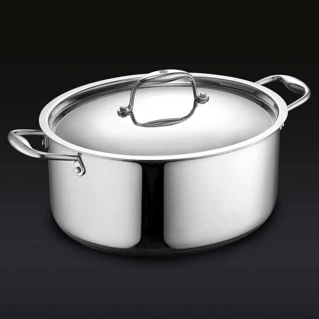 Stainless steel pot with lid and side handles against a dark background.