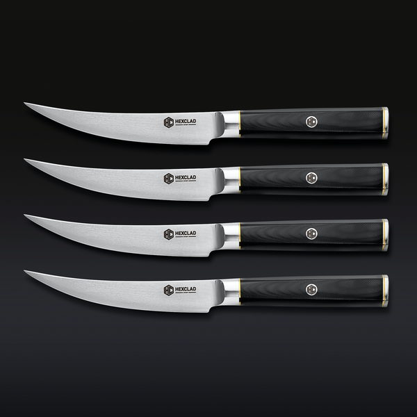 HexClad Steak Knife Set, 4-Pieces Damascus Stainless Steel Blades, Full  Tang Construction, Pakkawood Handles