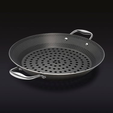 The HexClad 12" Hybrid BBQ Grill Pan on a black background