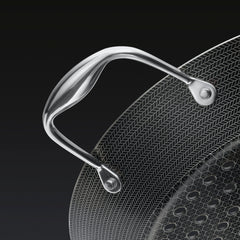 A close up of the handle of the HexClad 12&quot Hybrid BBQ Grill Pan