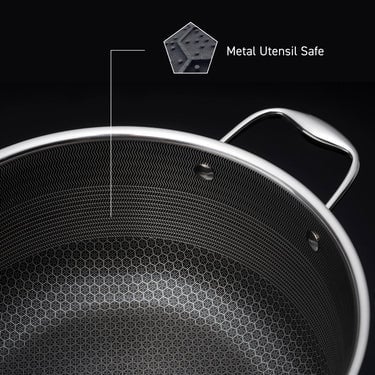 Close up of HexClad hybrid pot, featuring a metal utensil safe surface