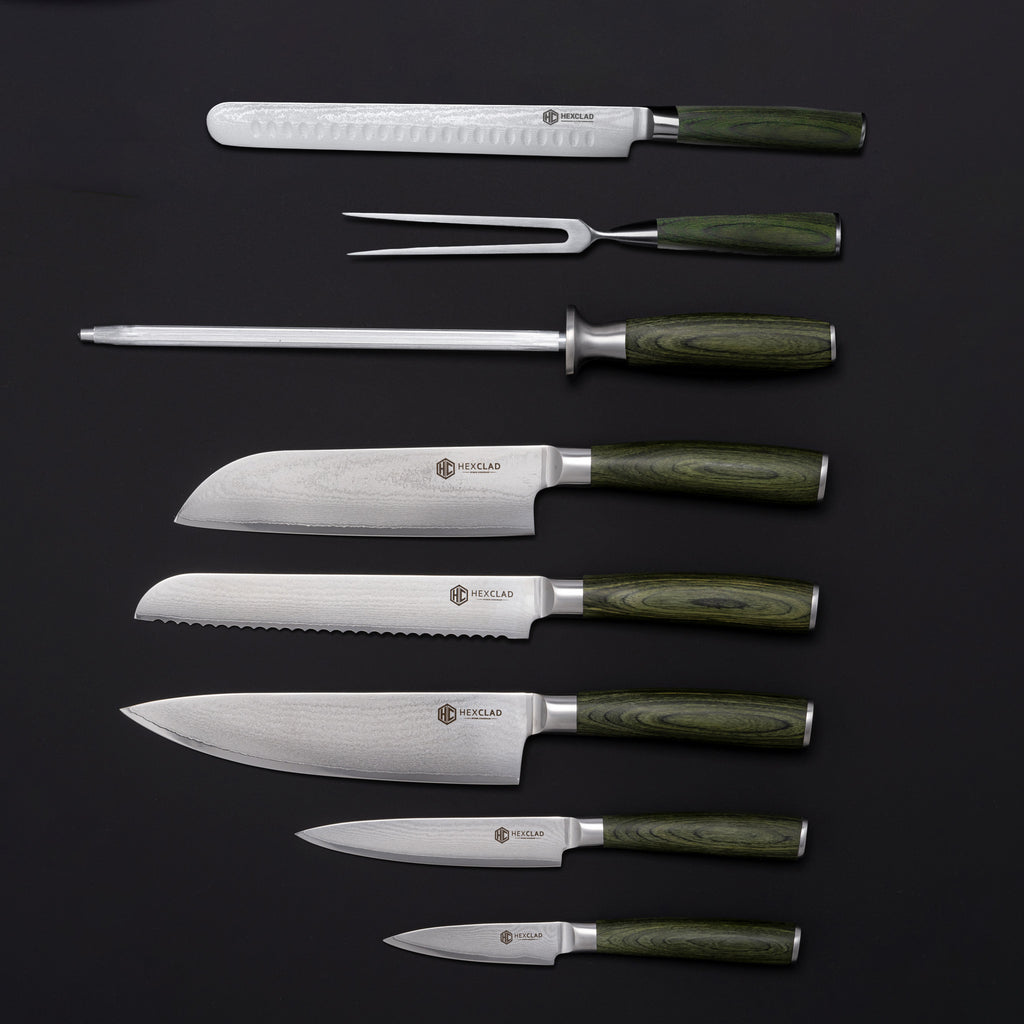 HexClad Japanese Damascus Steel Knife & Carving Set (8PC): Forest Green  8Count