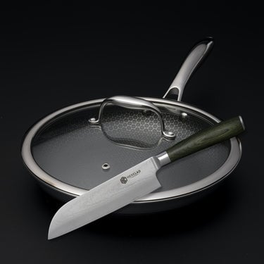 Damascus Steel 7" Santoku Knife and 10" Hybrid Pan with Lid