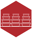 Illustration of stacked containers on a red hexagon background.
