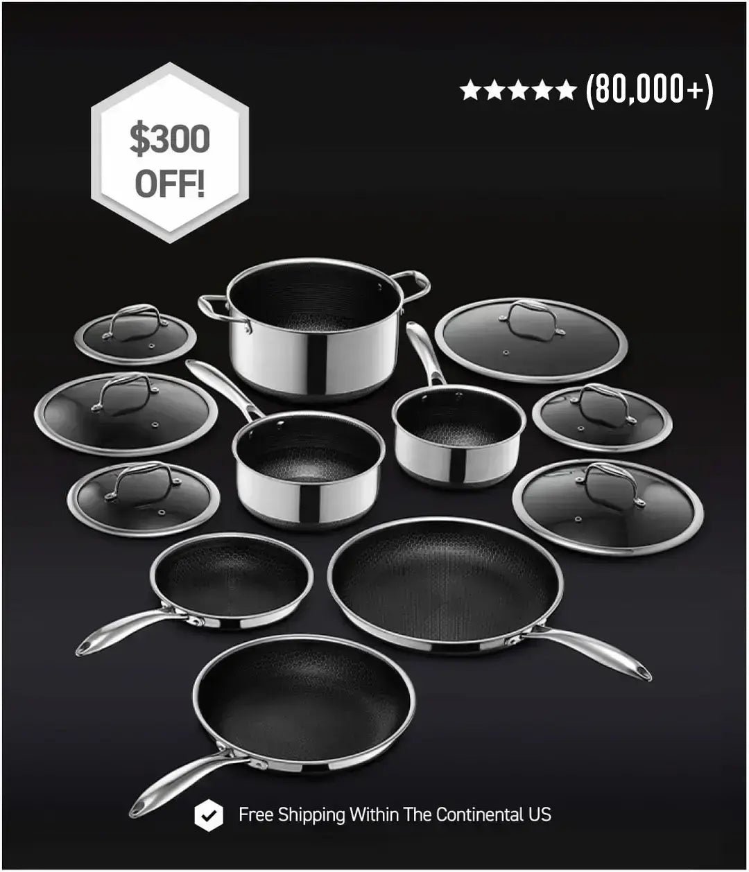 Cookware set with multiple pots, pans, and lids on a black background.