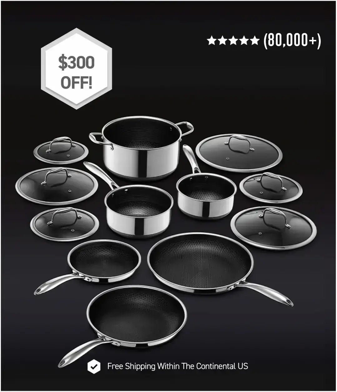 Collection of pots and pans with '$300 off' and 'Free Shipping' offer displayed.