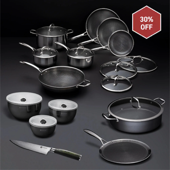 Set of various cookware including pots, pans, lids, bowls, and a knife, with a 30% off sign.