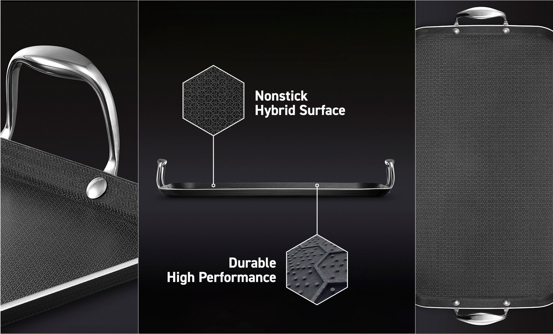 Triptych presentation: Left panel showcases a detailed close-up of a metal handle affixed to a textured griddle; central panel depicts a griddle highlighting its Nonstick Hybrid Surface and Durable High-Performance qualities through labeled diagrams; right panel presents an overhead view of the griddle's intricate surface design.