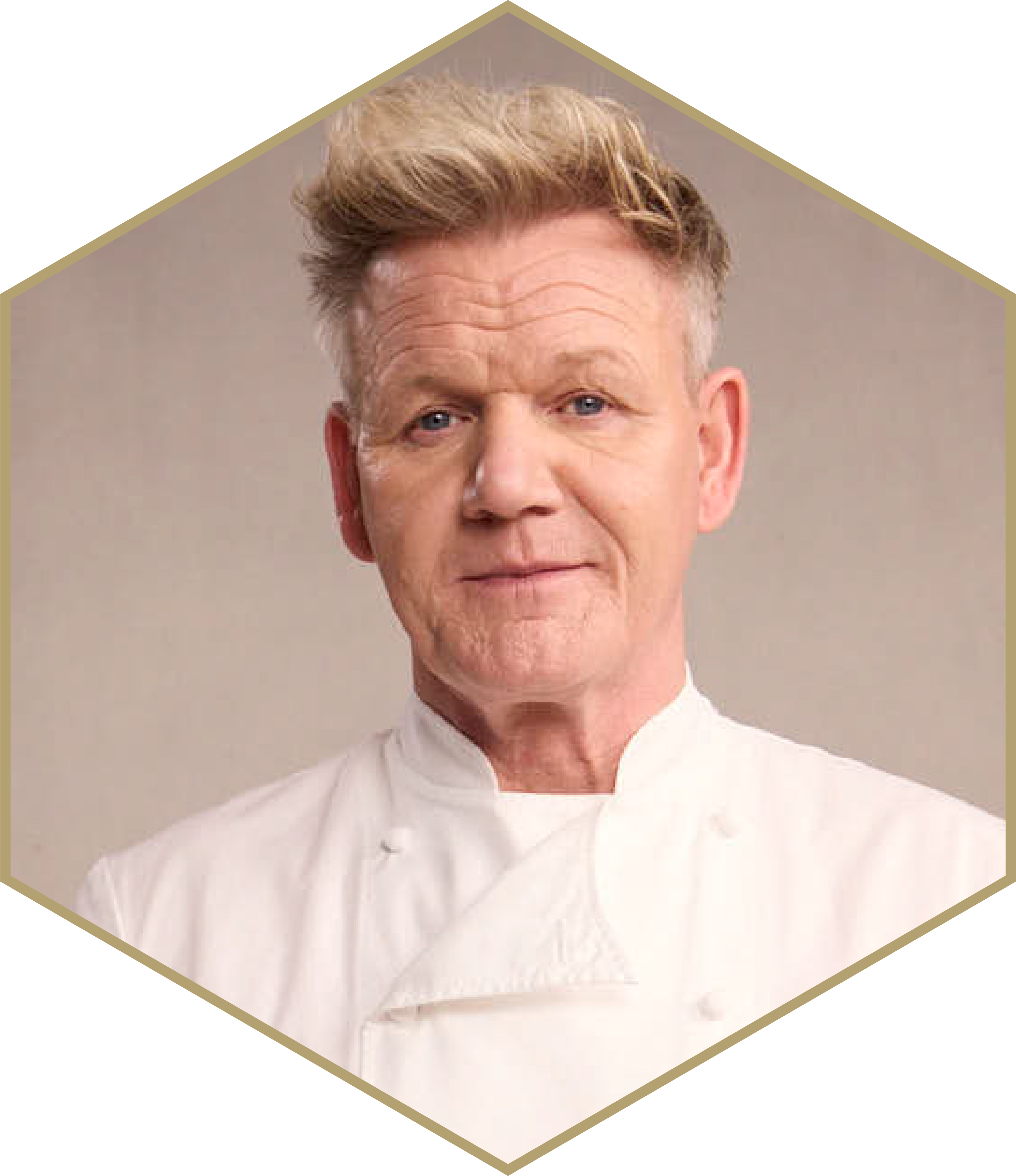 A person wearing a white chef's coat against a neutral background.
