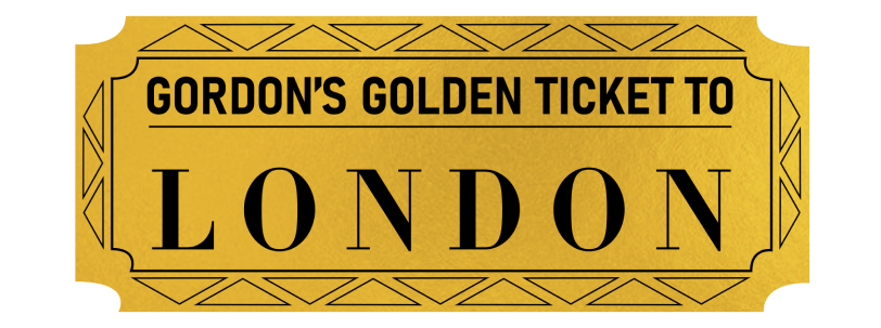 Golden ticket with text 'Gordon's Golden Ticket to London'.