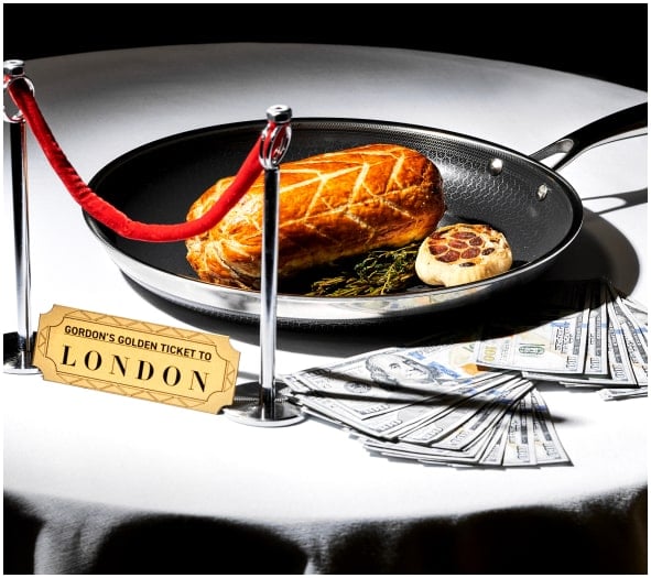 Beef Wellington in a pan with money and a golden ticket to London on a table.