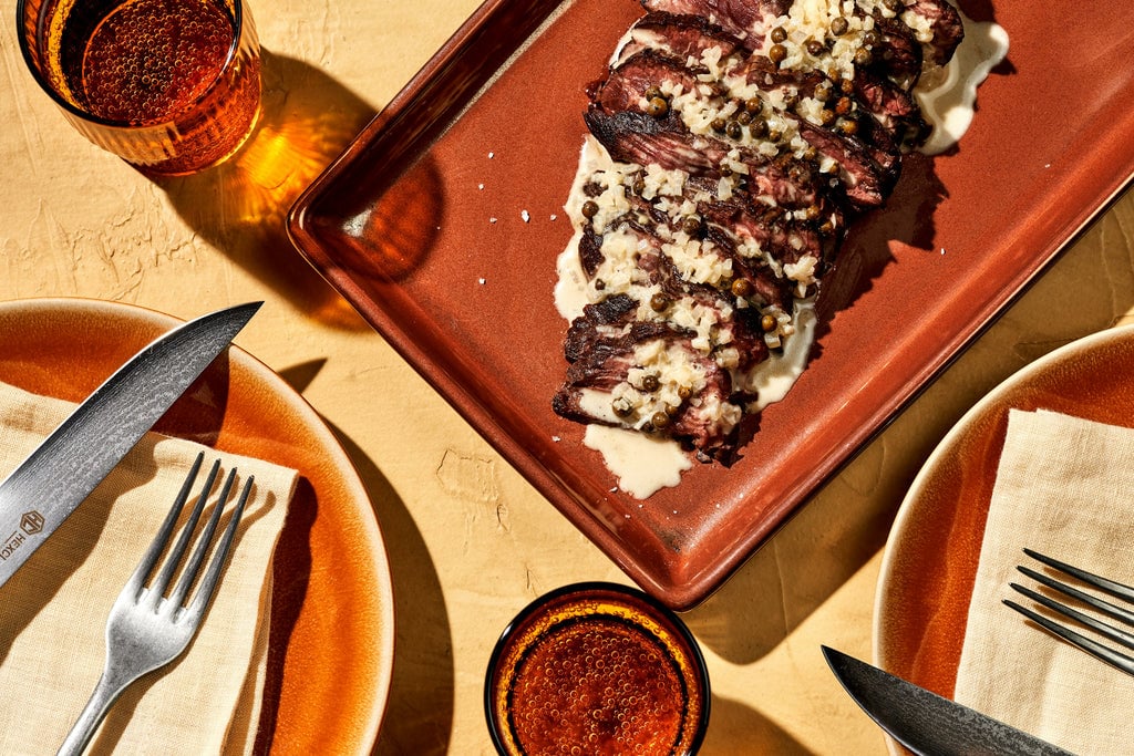 Hanger Steak with Green Peppercorn Sauce