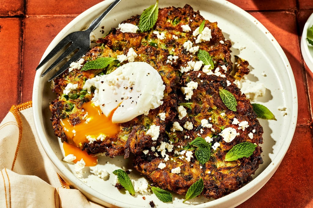 Summer Courgette, Feta, Mint and Pea Fritters With Poached Eggs