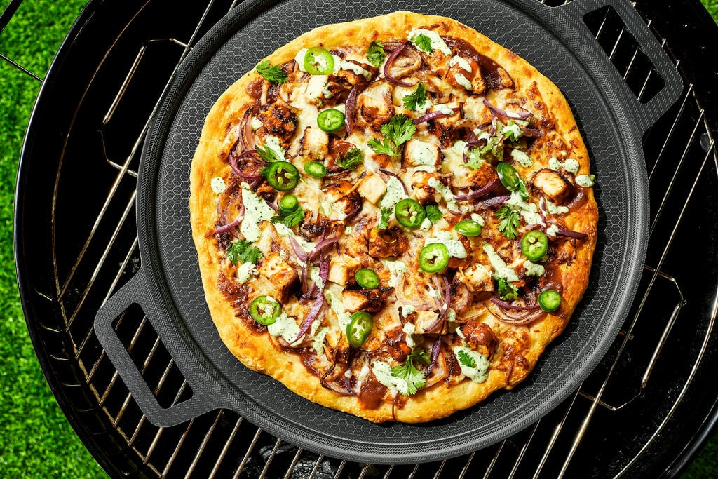 Grilled BBQ Chicken Pizza with Jalapeño Ranch Sauce