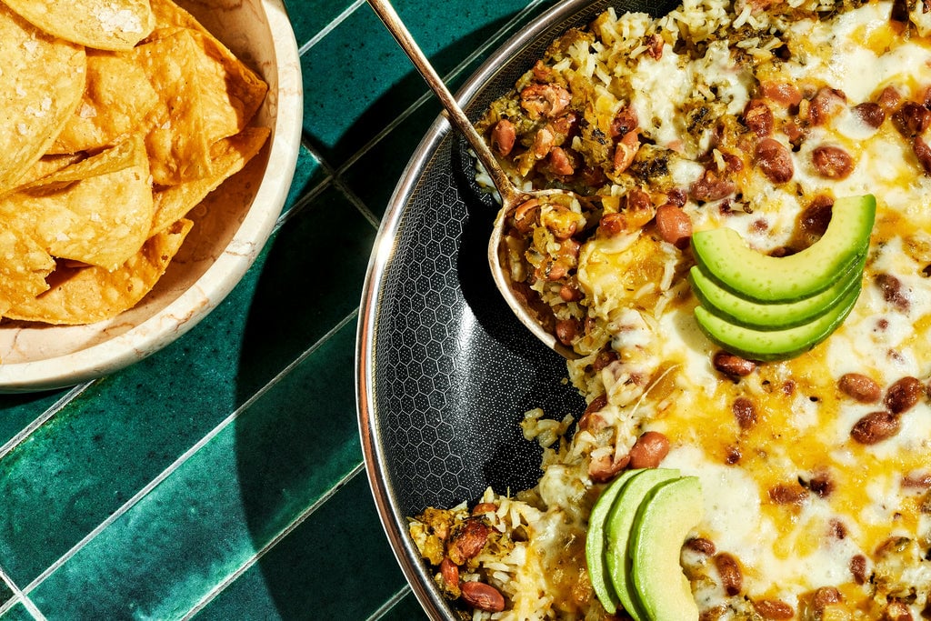 Cheesy Salsa Rice and Bean Skillet