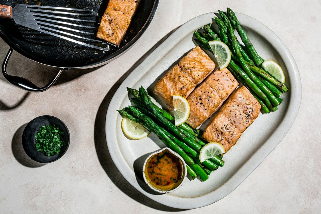 One Skillet Garlic-Butter Salmon And Asparagus on a Plate
