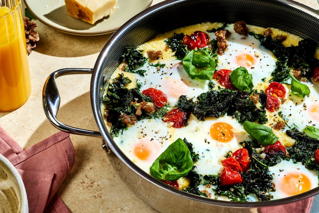 Skillet Polenta with Sausage, Kale, Roasted Tomatoes & Eggs