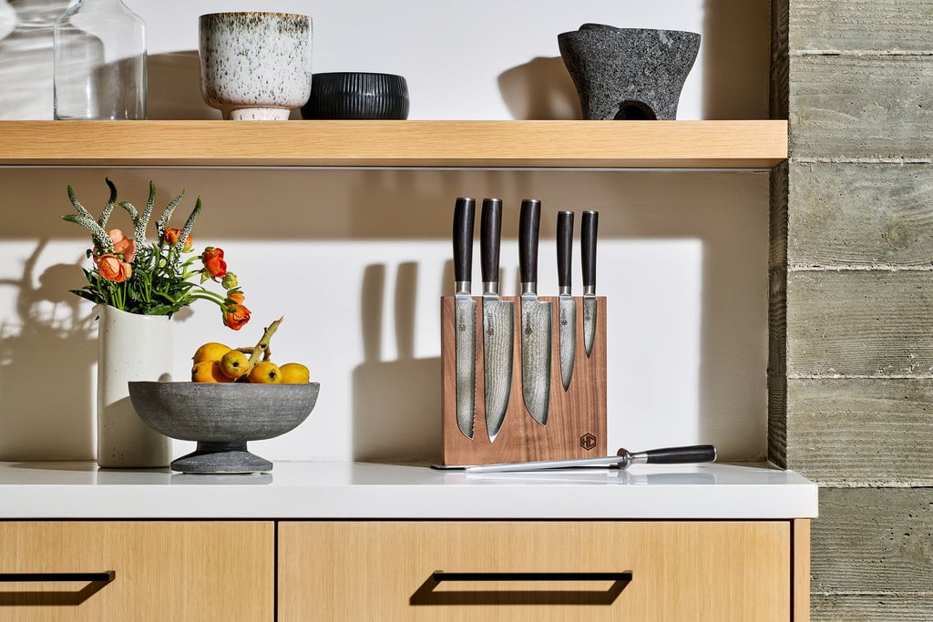 Damascus Steel Knife Set, 7pc w/ Block - Espresso Handles