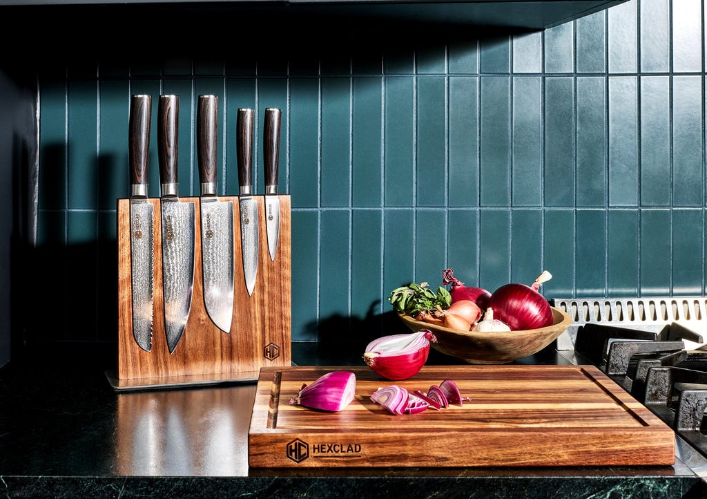 Damascus Steel Knife Set, 7pc w/ Block - Espresso Handles with Large Walnut Cutting Board