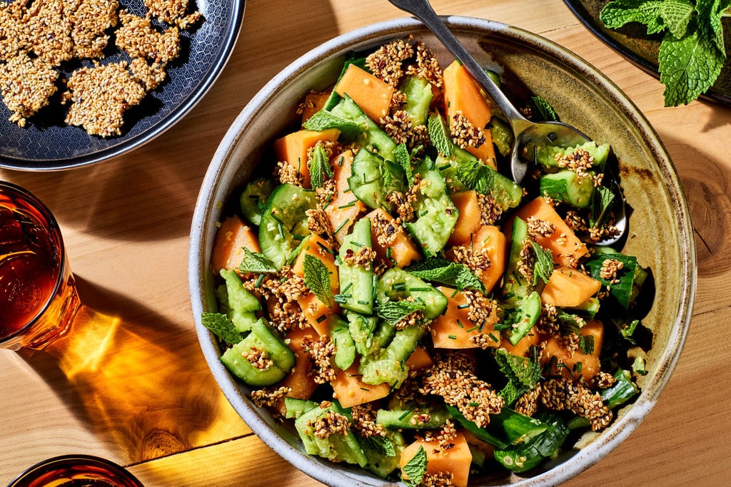 Smashed Cucumber & Melon Salad with Spicy Sesame Crunch