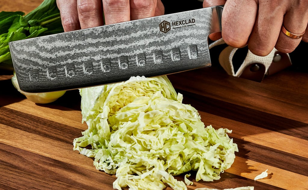HexClad Nakiri Knife chopping cabbage
