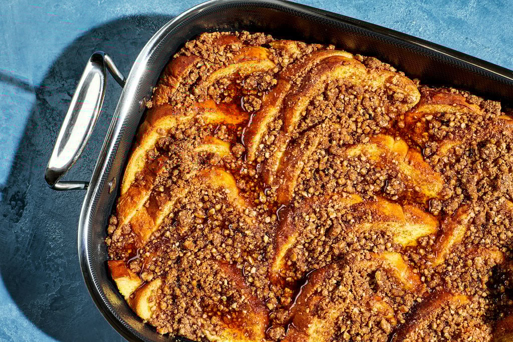 Brown Sugar-Cinnamon Crunch French Toast Casserolein a Small Roasting Pan