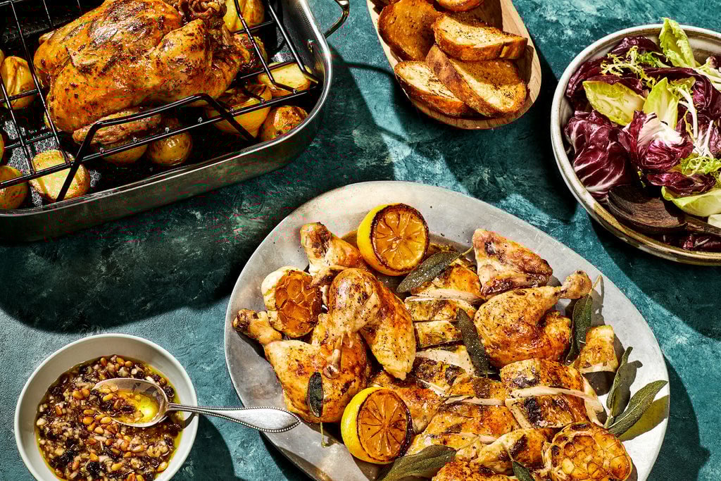 HexClad Perfect Roast Chicken With Pine Nut & Currant Salad