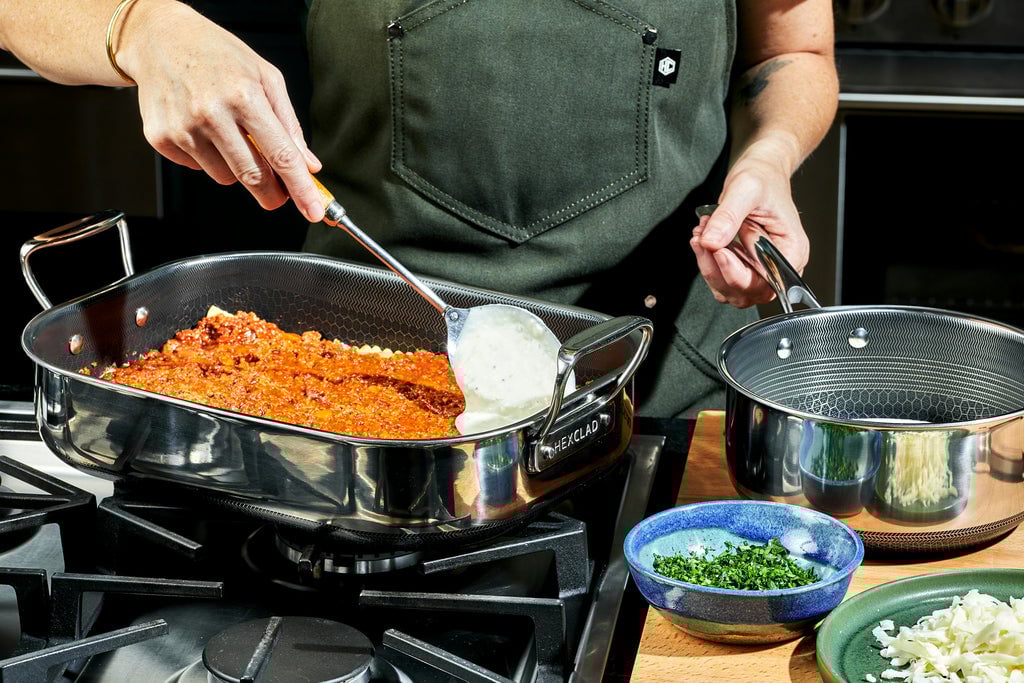 The Ultimate Lasagna being assembled in small roasting pan