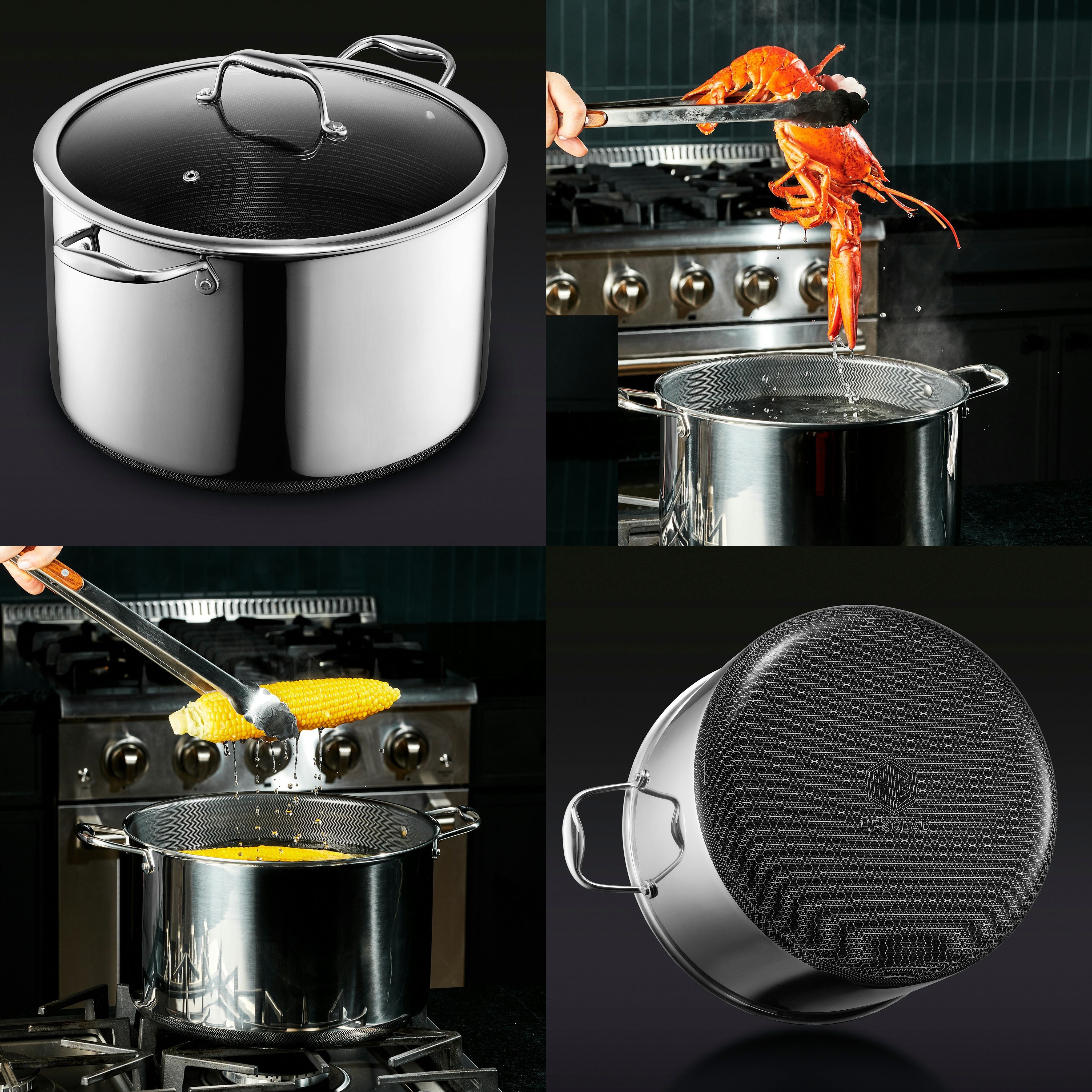 Collage of HexClad grinders: Left - Close-up of a black HexClad salt grinder; Center - Hand seasoning a cocktail with a black HexClad grinder next to a LALO tequila bottle; Right - Close-up of a black HexClad pepper grinder.