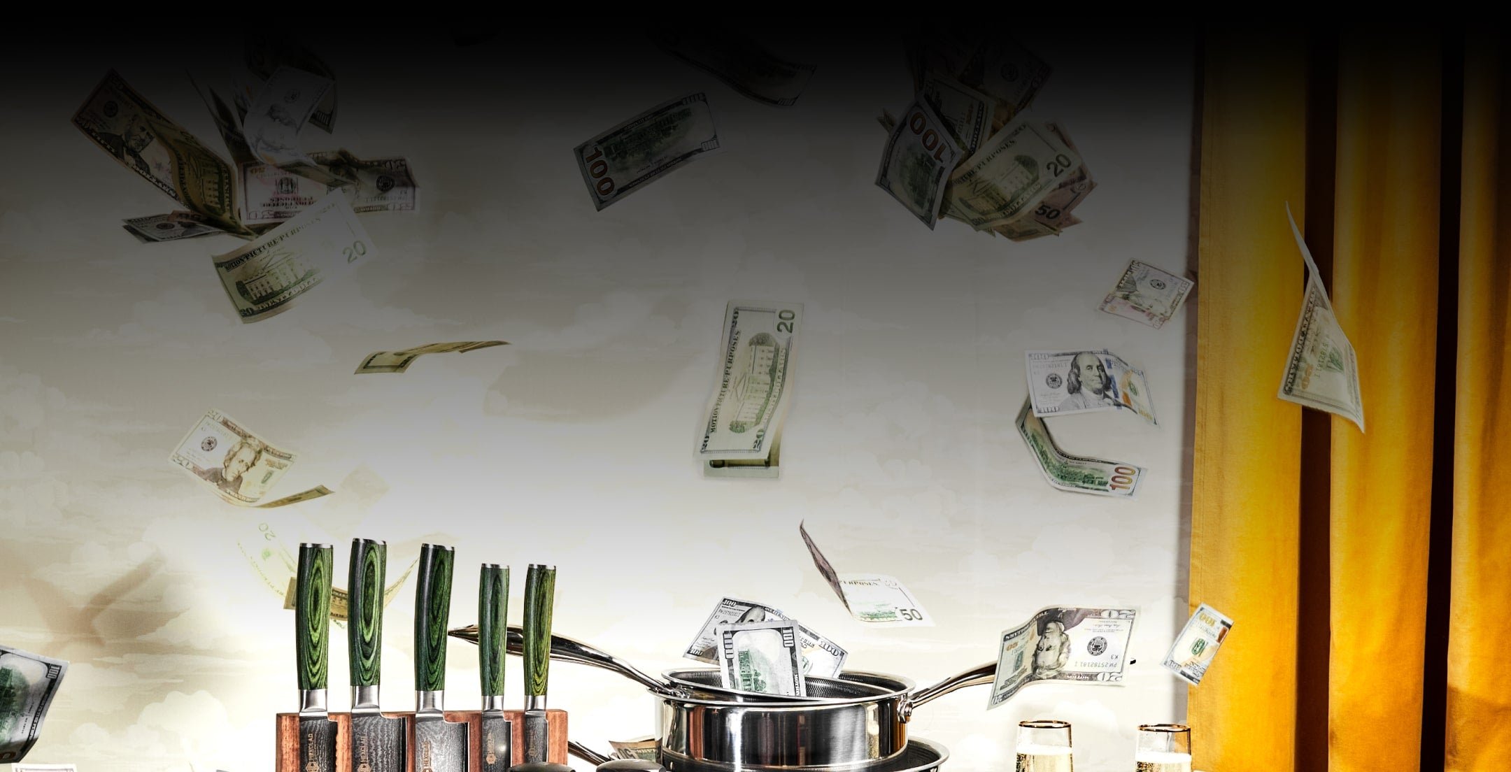 Money floating around kitchen knives and a pot with a yellow curtain in the background.
