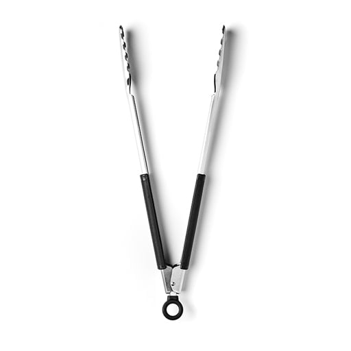 Kitchen tongs with black handles on a white background.